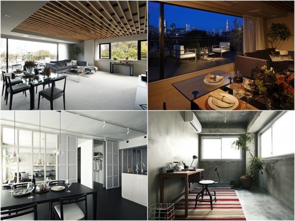 上2点／有栖川宮記念公園に隣接し、全部屋から公園の緑を愉しむことができる邸宅が「有栖川ホームズ」。</br>天井に使った温もりのある杉材、テラスからの眺めも美しい、都心にいながら自然を感じられるサロン</br>下2点／素材の粗さやシンプルな色彩を用いたパッケージ“LOFT”を採用した「シャトー東洋南青山」。</br>このサロンでは、格子の建具をアクセントにアクティブな生活に耐えうるタフな空間と機能的なプランを見学できる