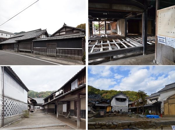 写真左側上下が修理前の旧鈴木家住宅。上の写真に見えるのが錣葺形式の主屋。写真右側上下は現在の修理中の様子</BR>（写真提供：豊田市教育委員会 文化財課）