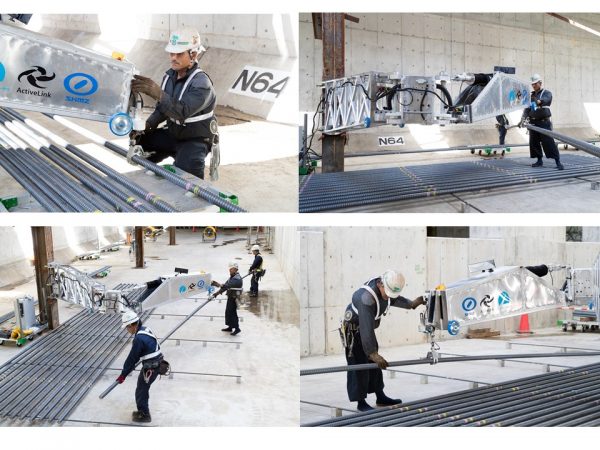 左上：160㎏の重量鉄筋を把持して吊り上げる　右上：重量鉄筋を把持して旋回する　左下：重量鉄筋の片側を所定の位置に合わせる　右下：位置を合わせた後に重量鉄筋を吊り下ろす（画像提供：アクティブリンク）