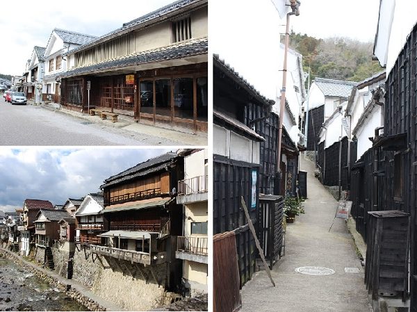 （左上）手前が平入2階建ての町家。奥が妻入の家屋（左下）川沿いの家</BR>（右）街道脇の小路では、短冊状の敷地で奥に長い建物の様子を見られる。</BR>写真はマンリン書店の脇に伸びる道であることから、マンリン小路と呼ばれているところ