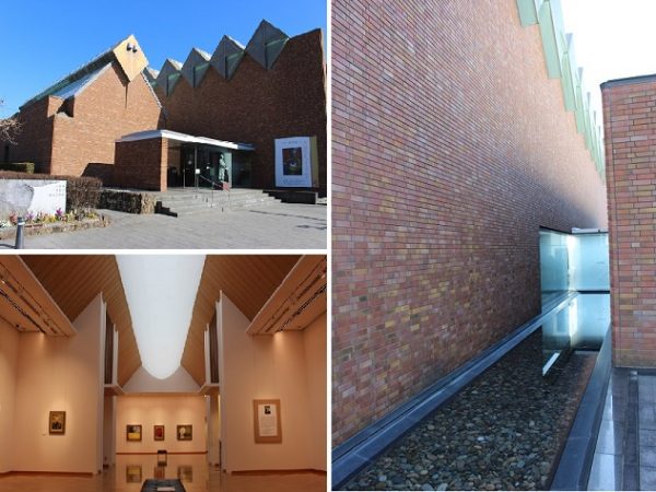 （左上）節子の生家の家業、繊維工場ののこぎり屋根をモチーフにした屋根が特徴の美術館外観</BR>（左下）天井から自然光を取り入れた造りの常設展示室（右）節子が多くの風景画を描いたヴェネチアをイメージする水路