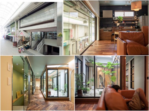 アーケードハウスの昼の顔（左上）と、インナーバルコニーをメインに据えた明るい居室配置（撮影：camekiti）