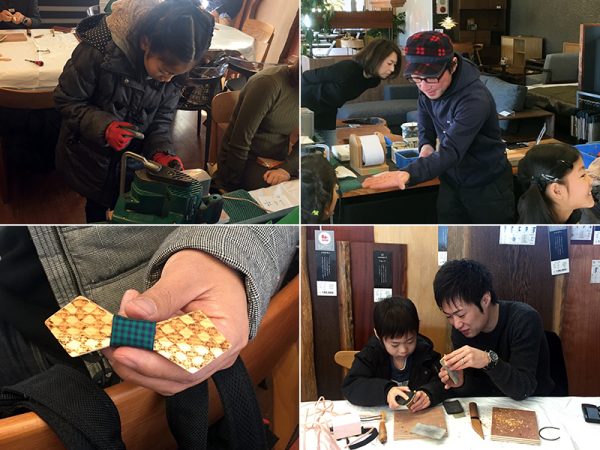 写真左上：電動やすりも怖がらずに挑戦! 右上：『ノクターレ』の塩谷さん。左下：お父さんの力作! 焼ゴテで木に焦げ目をつけておしゃれな模様に。右下：近所から参加した親子。「子どもも見てあげなきゃと思いつつ、つい自分が真剣になってしまいますね」とお父さん