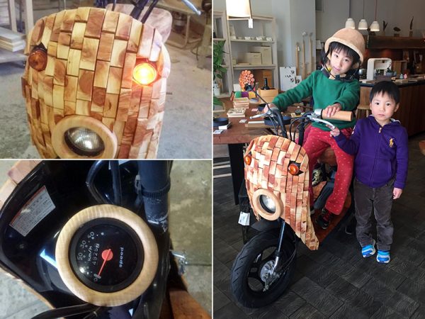 ボディも計器もシートもミラーも木でデコレーションされた原付。ちゃんとエンジンもかかるしウインカーもつく。“木フェス”期間中は同店の駐車場で試乗体験も