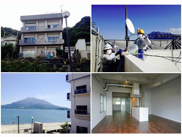 左上から時計回りにリノベーション前の外観、外装ワークショップ時の作業風景、現在の外観、室内