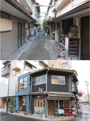 上/名山町の空き家の目立つ街並み　下/ところどころにリノベーションされた店舗を見かけるようになったとか