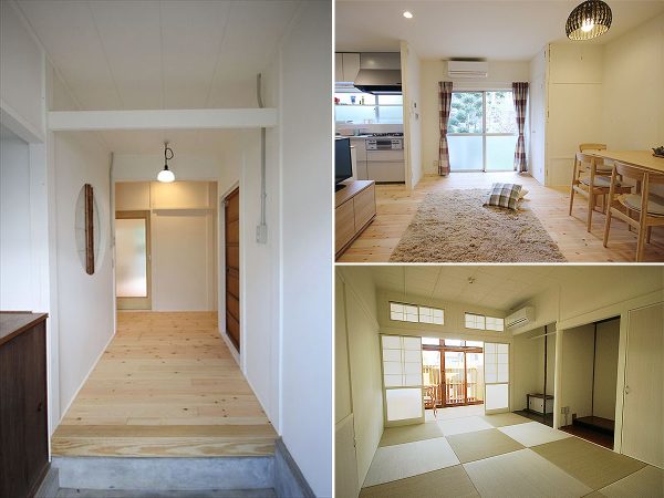 写真左：茶山ゴコの玄関部分。左に見える丸窓は、元々この住宅にあった造りを活かしている。<BR />写真右上：リビングは共用で使用するキッチンにつながっている<BR />写真右下:
1階部分のシェアハウス3戸のうちの一つ。畳が敷かれており、床の間なども残されたモダン風の住居だ<BR />（写真提供：いずれも株式会社スペースRデザイン）