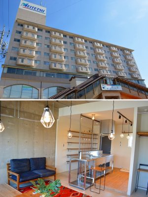 ▲上／犬山駅の上にある「エスタシオン犬山」の賃貸リノベーションプロジェクト。駅のコンコースから直結する入り口がありアクセス抜群。下／土間のある暮らしを楽しむ男性を想定した賃貸「F-BASE」はちょいモテを意識して設計