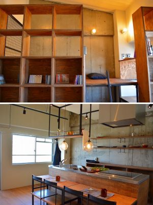 ▲上はブックカフェのような「INDOOR」。下は、真ん中にアイランドキッチンを大胆に配した「KITCHEN」。ほか、部屋をぐるりと囲むハンガーパイプでアパレルショップの雰囲気を醸した「FASHION」、スノーボードやアウトドアグッズを置ける大型土間を備えた「OUTDOOR」がある