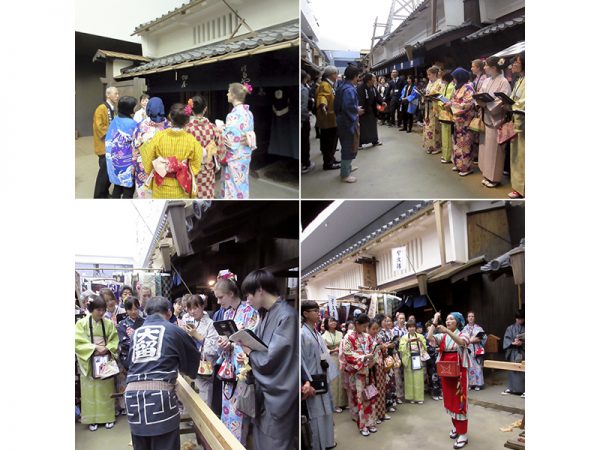 200年前の大坂のまち並に外国人たちが参加し、江戸時代の登場人物の一人となる。大工の棟梁（下左）がかんなをかける仕事ぶりを見学したり、唐辛子売り（下右）の売り声を聴く。大工や唐辛子売りを演じるのは、ボランティアの町家衆