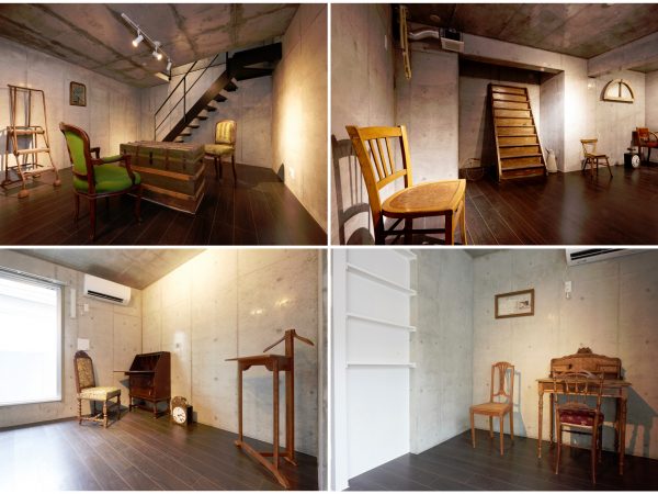 上の2点は１階2室の地下スペース。階段状の棚の上にはトップライトがあり、光が差し込むようになっている。下の2点の机の違いに注目（撮影：大島康広）