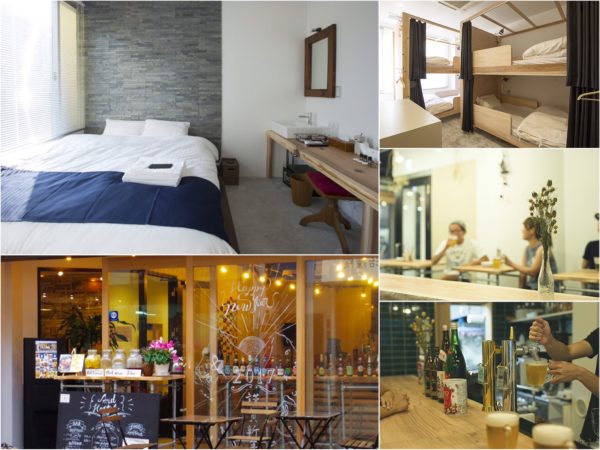 写真左上：スタンダードダブル　写真右上：ドミトリー</br>１階のダイニングカフェは、宿泊客でなくても利用できる