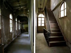 改修前の建物内部の様子。老朽化が進み、雨漏りなどで漏水の跡もおびただしい。