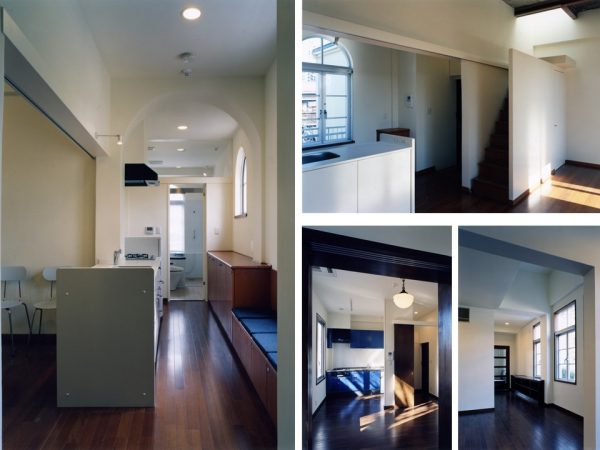 階高を活かした解放感のある部屋。水回りの変更も柔軟に行われている（左）。この建物の歴史を感じさせるキッチンむこうのアーチ型のが印象的（右上）