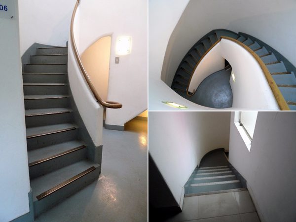 左）塔の中に入ると、目に入ってくるのが一般用の階段。奥の半月型の部分が裏階段への入口</BR>右上）一般用階段を見下ろす</BR>右下）裏階段は一般用階段とは異なり、装飾性がほとんどなくてシンプルな印象