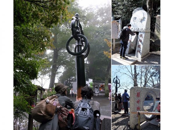 （左上）大錫杖。音を鳴らせば、煩悩を取り去り智慧を得ることができるという。（右上）六根清浄石車（ろっこんしょうじょういしぐるま）。回転させると、眼・耳・鼻・舌・身・意の六根を清浄にすることができるという。（右下）願叶輪潜（ねがいかなうわくぐり）