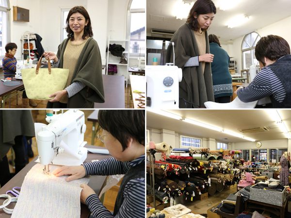 （右上・左上下）2017年4月から本格的にスタートするバックアーティストスクールの受講風景。定番のバッグの作り方を型紙、裁断、縫製と基礎から習得できる。（右下）「RRR MATERIAL PROJECT（アール・マテリアル・プロジェクト)」の売場