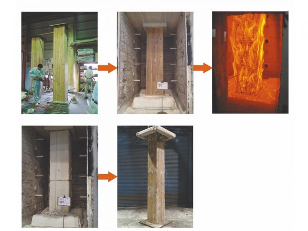 耐火性能試験の様子。木造の1時間耐火試験では、部材に荷重を加えた状態で1000℃以上の炉内で1時間燃焼。1時間を過ぎても炉内を閉め切ったまま3時間放置する。2時間耐火試験では、燃焼時間が2時間、放置時間が6時間となる（画像提供：シェルター）