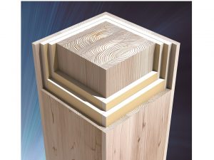 木質耐火部材「COOL WOOD（クールウッド）(R)」。荷重支持部である木材を石こうボードで囲み、その外側を木材等で覆った特許製品。画像は1時間耐火仕様柱のイメージCG（画像提供：シェルター）