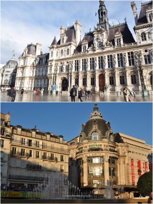 パリの中心地にある市庁舎（写真上）と、BHVの建物（写真下）上の写真の左奥、市庁舎と目と鼻の先の位置にBHVがある（撮影：chikara）