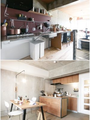 「ASSY」によるキッチンの施工例。写真上は「SRG ASSY」。ステンレスの板を宙に浮かべたようなスタイリッシュななキッチン。ラワン材のキッチンカウンターは作業台やカウンターテーブルとして重宝する。写真下は「LSG ASSY」。ラワン材の収納扉がカウンターとマッチするシステムキッチン。空間に温もりを醸し出す