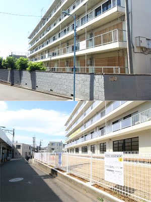 （写真上）改修する以前は、敷地の周囲をコンクリート壁で囲まれていた<BR />（写真下）塀が撤去されたことで、垣根がなくなり、立ち入りやすい雰囲気に変わった