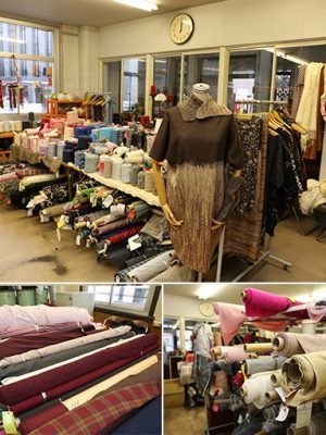 「RRR MATERIAL PROJECT（アール・マテリアル・プロジェクト)」の店内には所狭しと服地が並べられている。端切れやサンプル品などを取り揃えており、高品質の素材を小ロット・安価で手にできるのが魅力だ