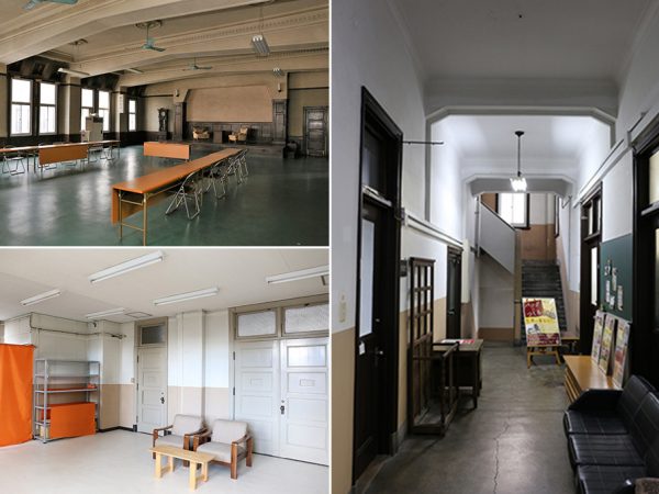 (右)館内には往時を偲ばせる趣深い雰囲気が漂う。(左上)立席で約200名まで収容できる大ホール。各種イベントが開催されている。(左下)小規模な展示会や個展などにちょうどいいサイズの「クリームルーム」。大ホールの控え室としても利用できる