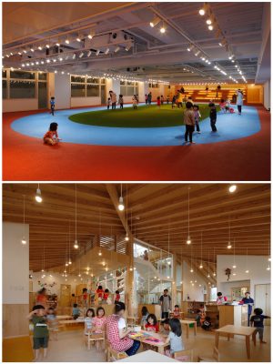 上／都心にあるビル内の保育所。自然光を取り入れにくい1階を競技場として設計。下／あえて建物中央に階段を作った例。安全を考えつつも、楽しい空間を作ろうという工夫だ