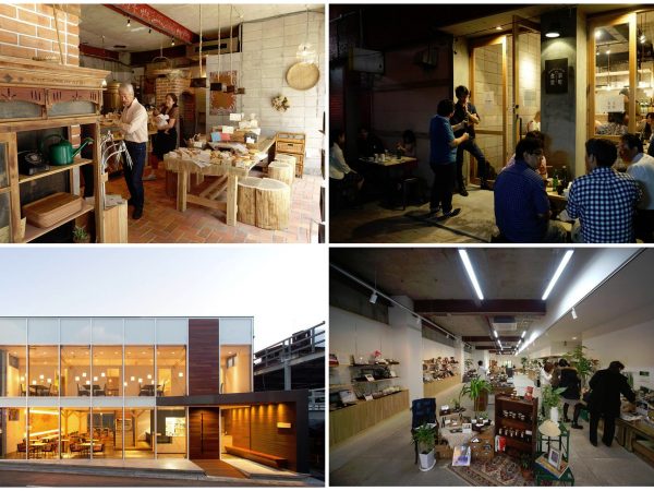 左上から時計周りに畑パン、京町食堂、SARUGGA、TAKE。畑パンでは地元で焼かれた煉瓦を使うなどしてこの土地らしい店作りになっている