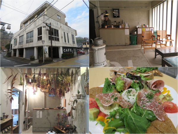 左上のビルにカフェ、ドライフラワーショップなどが入っている。右下のクレープはSARUGGAのランチ。野菜が地元産なのはもちろん、生ハム、ソーセージなども地元の農場、工房で作られており、これがどうしても紹介したくなるほど絶品。鹿屋は農業、酪農、漁業が盛んで美味しいモノには事欠かないまちなのだ