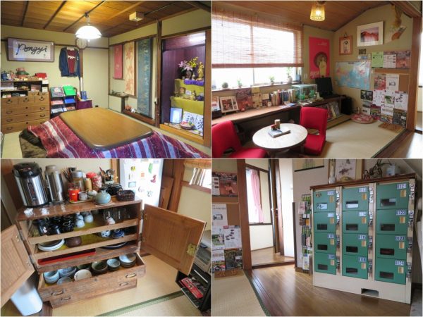左上から時計周りに玄関を入ったところにある談話室、共用ラウンジ、ラウンジに置かれた茶道具を入れた箪笥、貴重品を入れるロッカー。廃品を上手に利用している