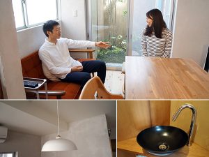 （上）リビングダイニングにて。左が橋爪さん、右が橋爪さん宅を手掛けた建築士の伊藤千春さん。（下）照明シェード、洗面ボウルとも生野区の伝統技術「へら絞り」で製作された世界でひとつだけのもの。