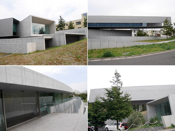 ＜左上＞駐車場側からみると、大きさ、向きの違う箱が折り重なったような外観<br>＜左下＞美術館入口。周囲を囲んでいる鉄骨は安全性を担保するために設置されたフェンス。お隣の昭和の森の杉林とリンクしている。ぱっと見、オブジェのように見える<br>＜右上＞公園側から見た美術館。美術館としては珍しく、窓があり自然光を取り入れている。外から絵画が展示されていることが分かるようになっている<br>＜右下＞住宅街側から見ると、こちらは窓がなく、植栽に隠れていることもありあまり目立たない