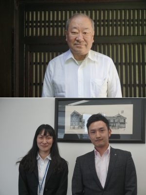 上：小西家の当主である小西哲夫さん、下：お話しを聞かせてくださった経営企画部　経営企画グループリーダーの中谷光宏さんと、同じく経営企画グループの内田真由美さん