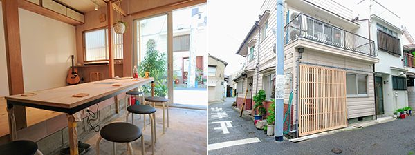 家の西側部分、格子状の扉をひいて路地から直接入れる【まちのえんがわ～橋爪事務所】