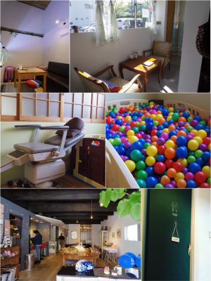ボールプールの部屋には耳鼻科時代の診察台が残されている（写真中）トイレ扉の手動のサインは、お客さんにもかわいいと好評だそう（写真右下）