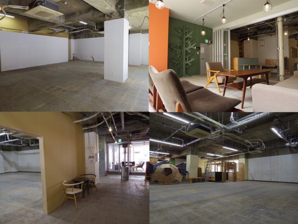 共用ラウンジと、まだ壁のない募集区画。ラウンジの開口部分を大きくして、空間の広がりを見せている