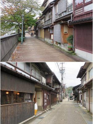 浅野川周辺には町家を改装した飲食店などが多い。上は主計町茶屋街、下はひがし茶屋街の醤油味噌店