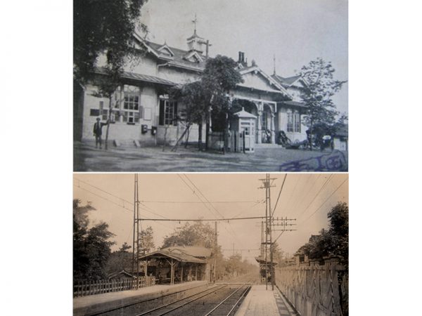 明治40年ごろの「浜寺公園」駅の駅舎（上）と、昭和初期の「諏訪ノ森」駅の駅舎（下）