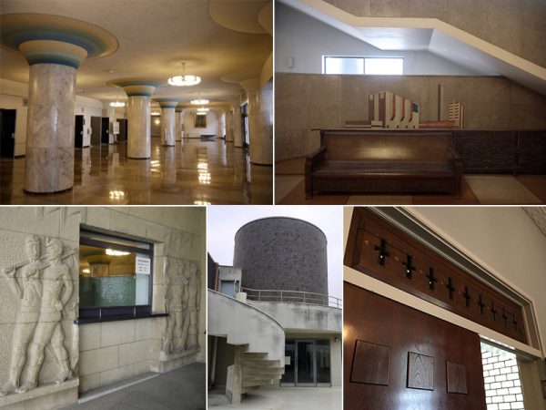 （左上）1階ロビー。円柱は山口県産の大理石貼り、柱頭は顔料で彩色されている／（右上）ロシア構成主義風の壁画／（左下）仕事に向かう炭鉱夫のレリーフ／（下中）ル・コルビュジエ風の屋上／（右下）ドア上の欄間は日本伝統の無双窓をアレンジしたもの
