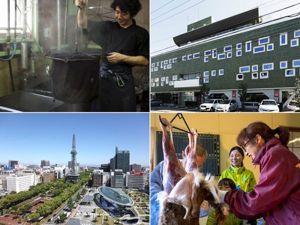 名古屋黒紋付染の職人に教わる染めかえ（写真左上）、日常に潜む渋いビル“渋ビル”の魅力を探る“渋ビル”散歩（写真右上）、常務が案内する名古屋テレビ塔の裏と表（写真左下）地元猟師の元で射撃体験と獲ってさばいて食べるジビエ体験（写真右下）、など、「大ナゴヤツアーズ」の春のプログラムにはディープな面白さが詰まったツアーが盛りだくさんだ
