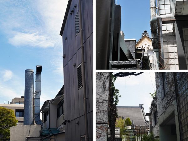 表通りから、わずかに覗く屋根もかつての銭湯の趣を残す（右上、右下）。建物の裏手には、現在では半分になってしまったがしっかりと煙突が残っている（左）