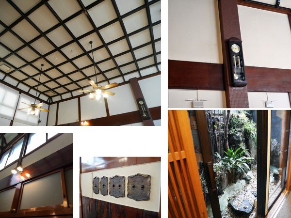 社寺建築で用いられる「格天井」（左上）。角のS字の装飾は高い技術がいる匠の技。時計の後ろの大黒柱はタイル加工がなされている。ここから浴室となっていたためだ（右上）。現在は利用されていないが内庭も残されている（右下）。番台にあったスイッチもそのまま利用している。また館内のガラス戸などは新しくしているが枠は銭湯時代のものが使われている（左下2点）