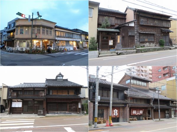 左上の中央は大正時代に建てられた鉄工所を改修したビストロ、パン店。左右に隣接する書店、居酒屋も町家を改修して作られている。右上はコミュニティカフェとして改装された町家、右下はかつて最も栄えた尾張町にある大型町家を改装したレストラン。東京からの資本だ。左下は築115年の町家を改装したゲストハウス