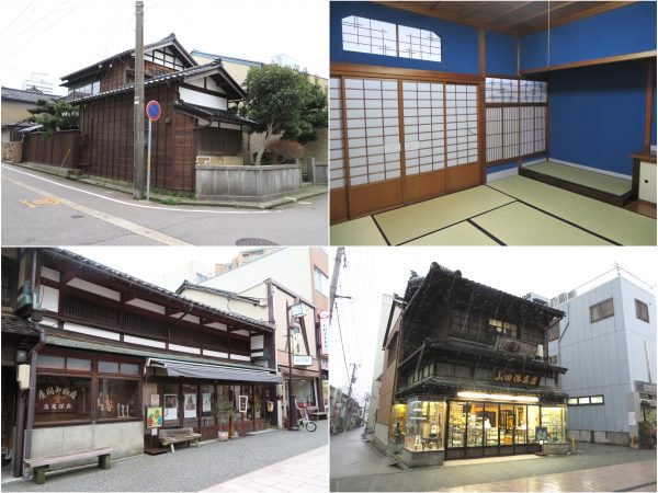 町家研究会のある安江町界隈の建物。上左は町屋研究会の建物、上右は同室内。金沢の住宅室内には昔からこうしたはっきりした色が使われていることが少なくない。右下は老舗の仏具店で慶應年間に創業、昭和２年の大火後に建設された建物。左下は同じ通り沿いにある大正期に建てられた履物店を改修したギャラリー＆カフェ