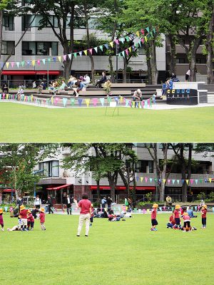 ＜上＞木々の木陰で休めるウッドデッキ「サクラテラス」。ここの木々は従前の公園のものを生かした　＜下＞子供たちも芝生の上で寝転んだり、駆け回ったりして自由に遊ぶ