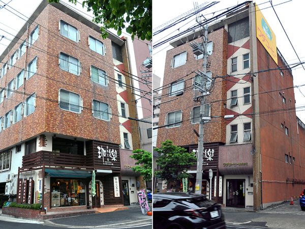 電線でやや見えづらいが、当時、流行の最先端だった角丸サッシ、蝶ネクタイの模様にも見える三角形と六角形を組み合わせたレトロな階段室の外壁など、