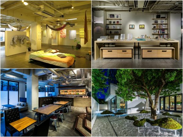 左上／エントランスを入って目の前に広がる「ギャラリー9.5」　右上／ギャラリーと連動したグッズを販売するショップ</br>右下／美しい庭もアートそのもの　左下／宿泊客とアパートメントで暮らす人の交流も盛んなバーラウンジ。</br>バーは夜8時から深夜1時まで営業