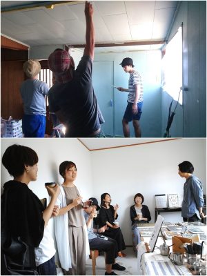 6月17日（土）に行われた完成見学会イベントの様子。壁塗り体験ワークショップのほか、岸本さんも講師を務める、これからの働き方を考える未来の学校「世界文庫アカデミー」の生徒による販売会などが行われた